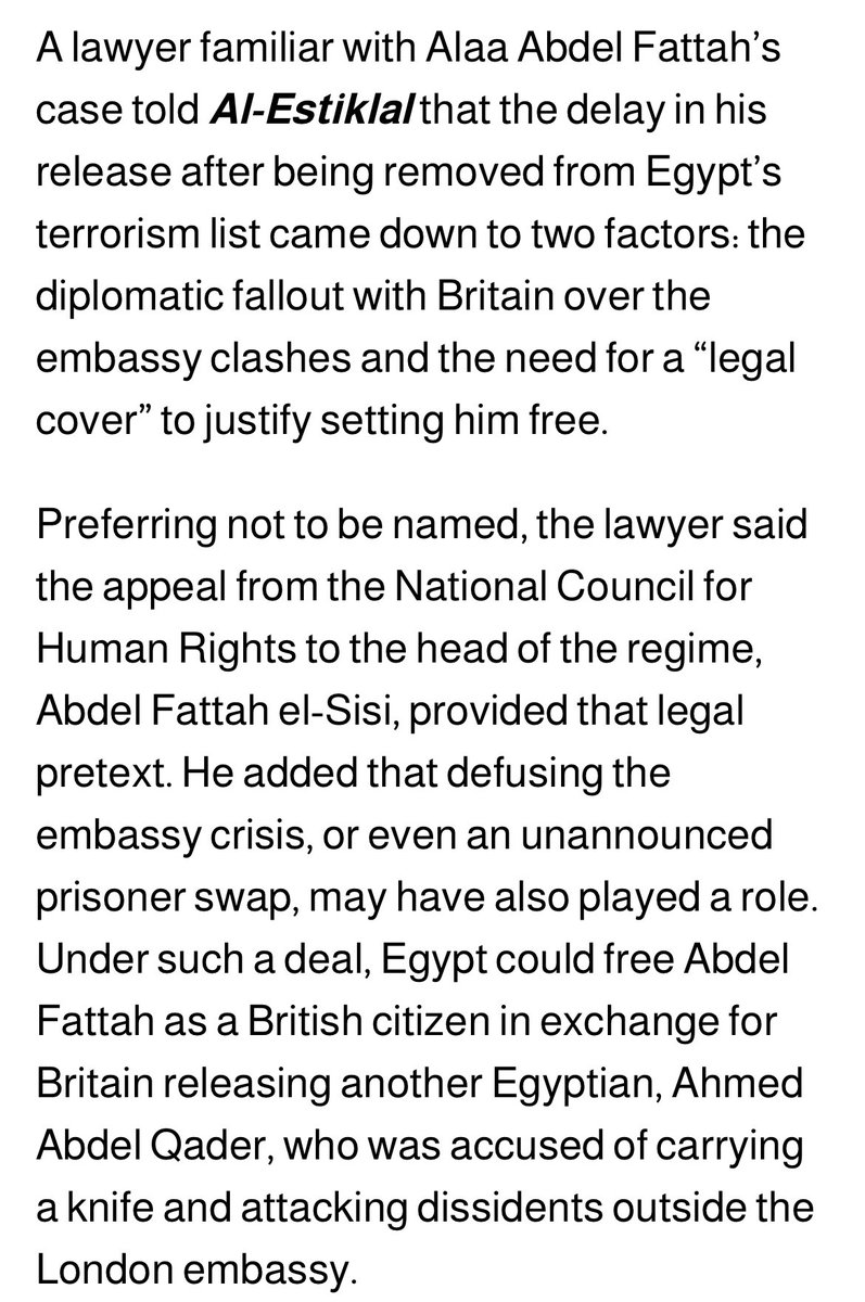 It seems like the UK and Egypt had a prisoners swap in order to free Alaa Abdel-Fattah