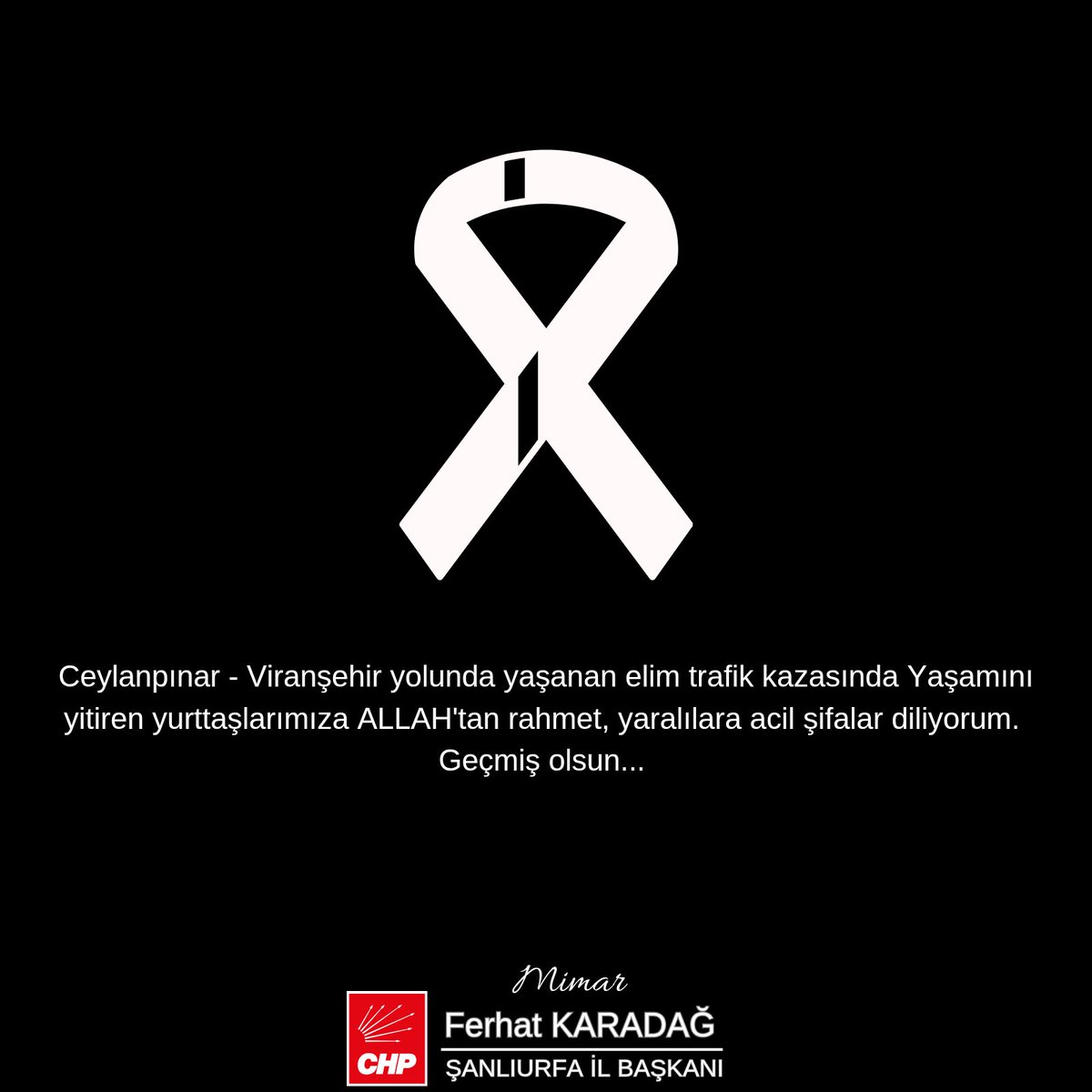 Ceylanpınar - Viranşehir yolunda yaşanan elim trafik kazasında hayatını kaybeden yurttaşlarımıza ALLAH'tan rahmet, yaralılara acil şifalar diliyorum.
Geçmiş olsun...

#sanlıurfa #Ceylanpınar

<a href="/MTanal/">Av.Mahmut TANAL</a> <a href="/cagraYusufCHP/">Yusuf ÇAĞRA</a>