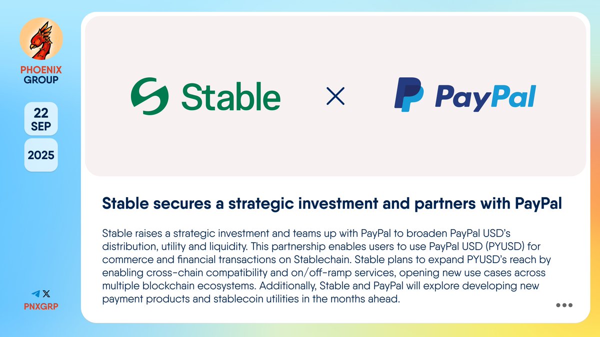 pnxgrp's tweet image. 🔥 @Stable secures a strategic investment and partners with @PayPal

#Stable raises a strategic investment and teams up with #PayPal to broaden PayPal USD’s distribution, utility and liquidity. This partnership enables users to use PayPal USD #PYUSD for commerce and financial