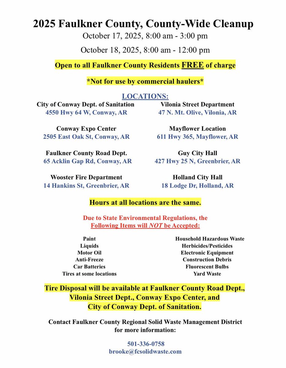 The Faulkner County Solid Waste Management District will host their annual E-Waste Drive and County-Wide Cleanup events on Friday, October 17 from 8:00 a.m. to 3:00 p.m. and Saturday, October 18 from 8:00 a.m. to 12:00 p.m.