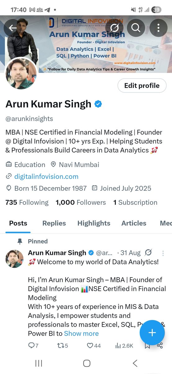 arunkinsights's tweet photo. ๐โจ 1,000 Strong! โจ๐
THANK YOU to each and every one of you for helping me reach this milestone of 1,000 followers ๐๐
#ThankYou #1000Followers #DataAnalytics #DigitalInfovision #Gratitude https://t.co/UmIbKwqpRV