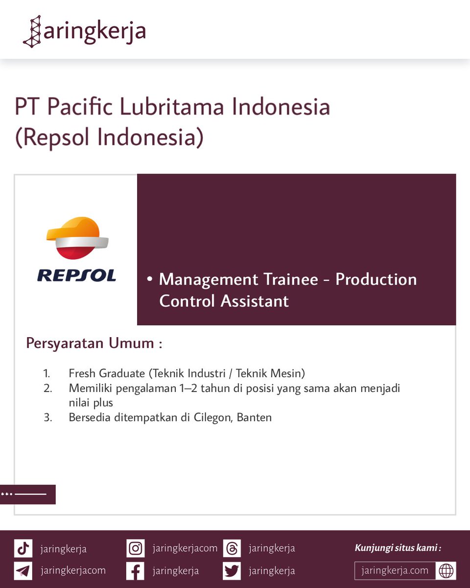 jaringkerja's tweet photo. Lowongan PT Pacific Lubritama Indonesia (Repsol Indonesia)
Selengkapnya lihat: https://t.co/gw7MIhZaLJ
#jaringkerja #loker2025 #lokerindonesia #lokerterbaru #infoloker #lokerteknik #infomigas #lokermigas #oilngas #lokerperminyakan #lowonganmigas #lokerterbaru #lokerfg https://t.co/7Mqaxju9Hz