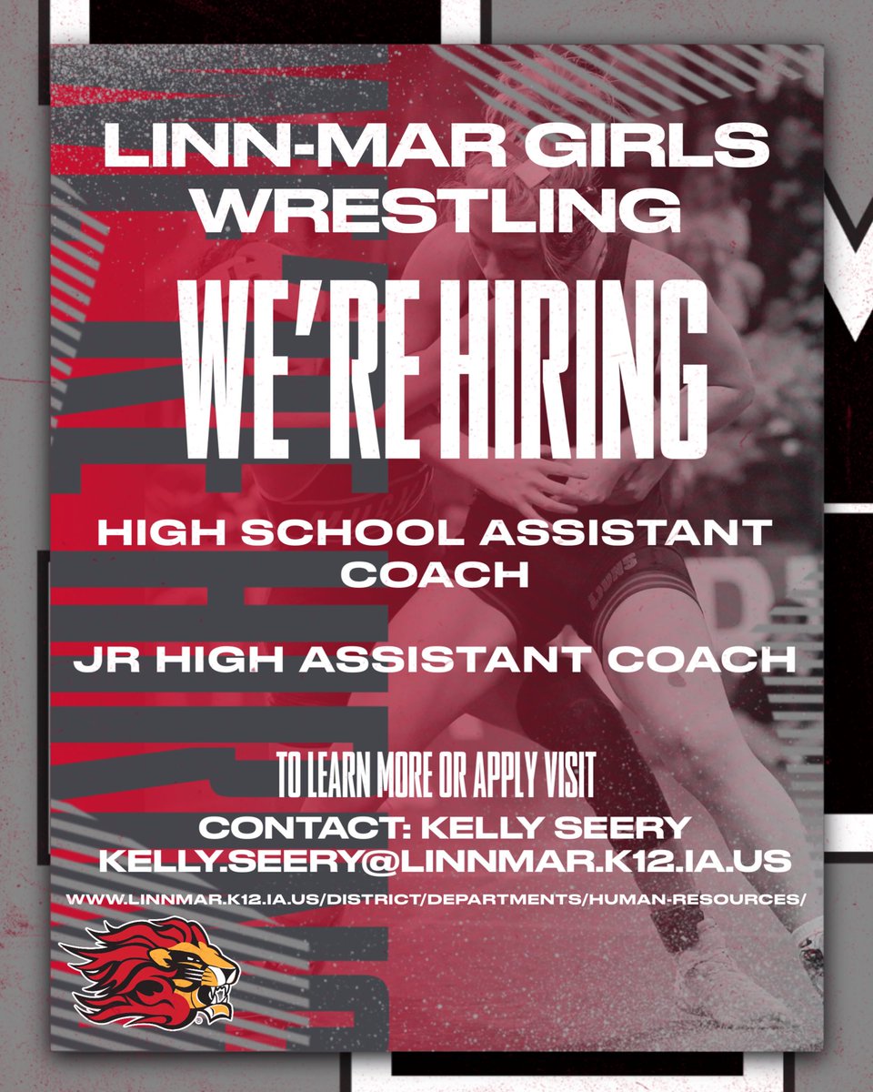 🚨Exciting News!🚨We are expanding the Linn-Mar Girls Wrestling Coaching Staff and are hiring a High School and Junior High Assistant Coach.  If interested contact Kelly Seery at Kelly.seery@linnmar.k12.ia.us or linnmar.k12.ia.us/district/depar… to apply.