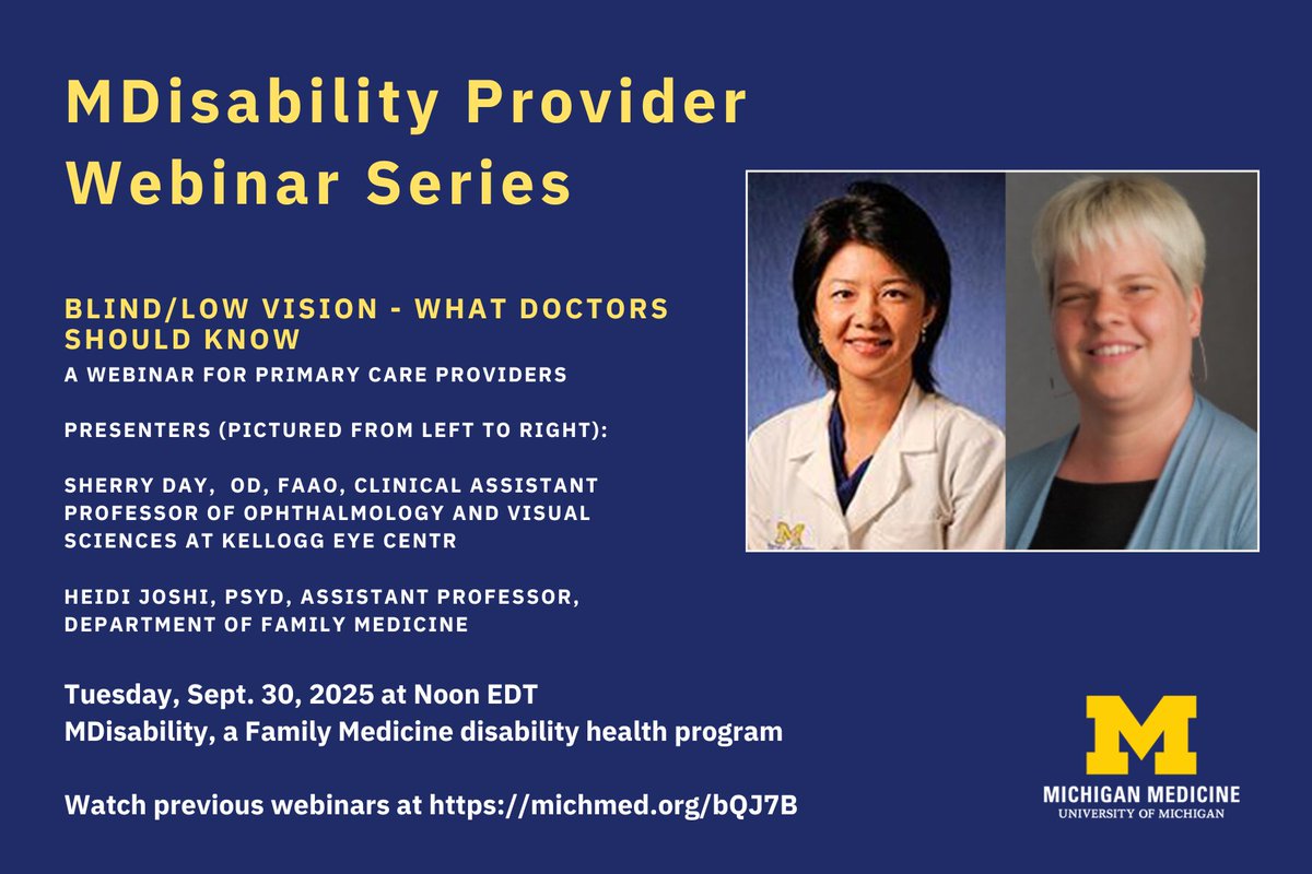 Primary care docs: want to learn more about how to care for people with low vision or blindness? 

Attend our next Provider Webinar from 12-1 p.m. Sept. 30 when Drs. Heidi Joshi &amp; Sherry Day of <a href="/UMKelloggEye/">U-M Kellogg Eye Center</a> will share their insights. 

⏰ Register now! michmed.org/mDkR5