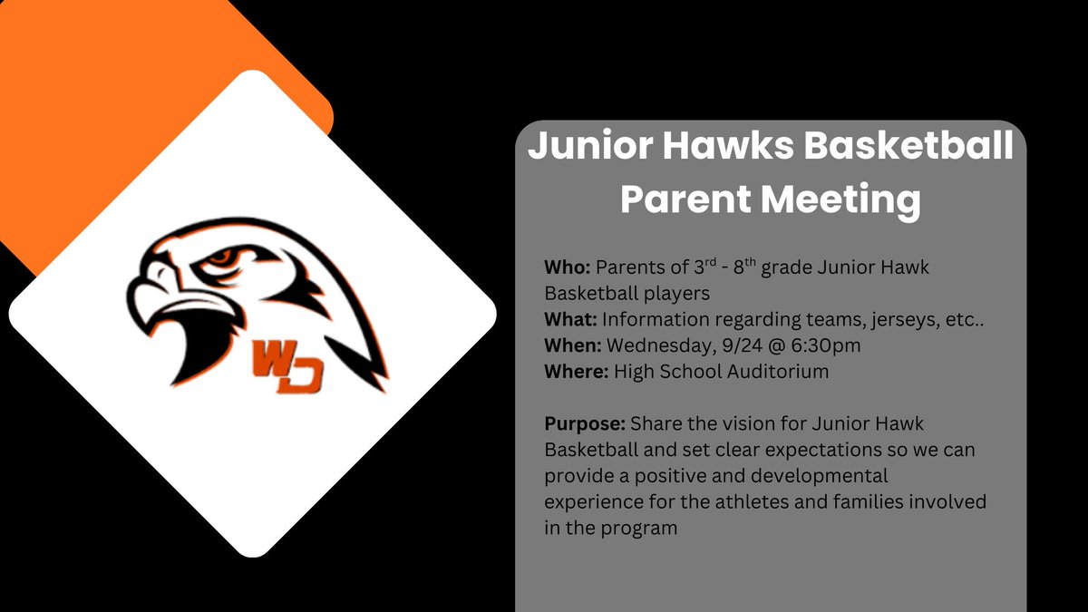 🏀 Junior Hawk Basketball is here!
📅 Meeting: Wednesday, Sept 24 | ⏰ 6:30 PM | 📍 HS Auditorium
We’ll share the vision, expectations, &amp; next steps for the program.
⚠️ Some established teams will stay the same (for now). This is about building forward together.