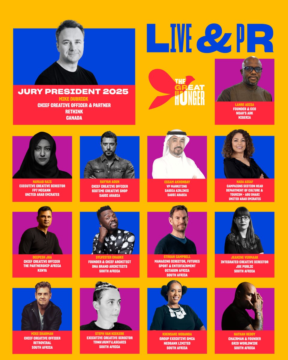 loeries's tweet photo. Introducing the Live & PR Judges!
#loeries2025
#loeriescreativeweek
#thegreathunger https://t.co/UlXOoMkJLI