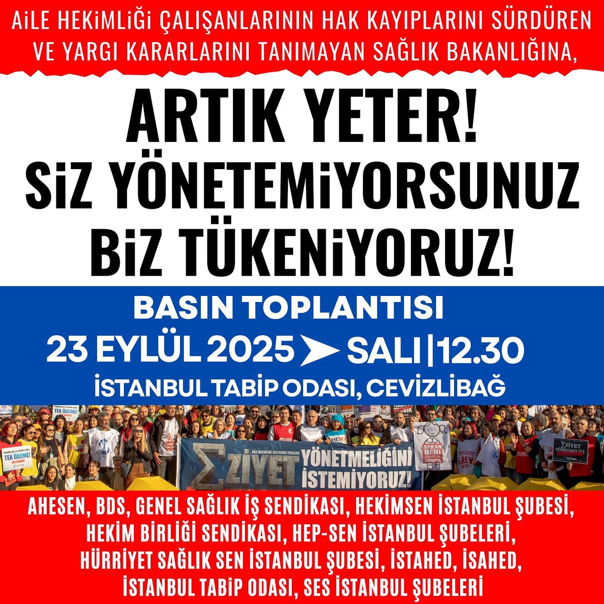 Sağlık Bakanlığı’nın yargı kararlarını tanımayan, hak kayıplarını görmezden gelen uygulamalarına karşı sesimizi yükseltiyoruz:
“Artık yeter! Siz yönetemiyorsunuz, biz tükeniyoruz!”
#SağlıktaŞiddetDeğilHak #AileHekimleri