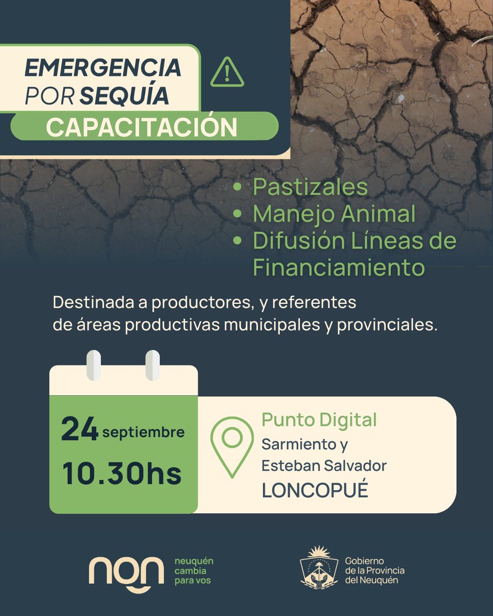 #EmergenciaPorSequía

Capacitación en Loncopué.

•Pastizales
•Manejo Animal
•Difusión Líneas de Financiamiento

#LaProducciónCambiaParaVos