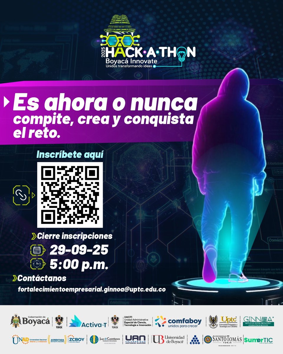 Nos unimos a la búsqueda de nuevos talentos 
Tu idea puede ser la próxima innovación de Boyacá. Continuamos en la búsqueda de los talentos que harán posible la Hackathon Boyacá Innovate. 
Escanea e Inscríbete, hazlo a través de la web de las diferentes universidades participantes