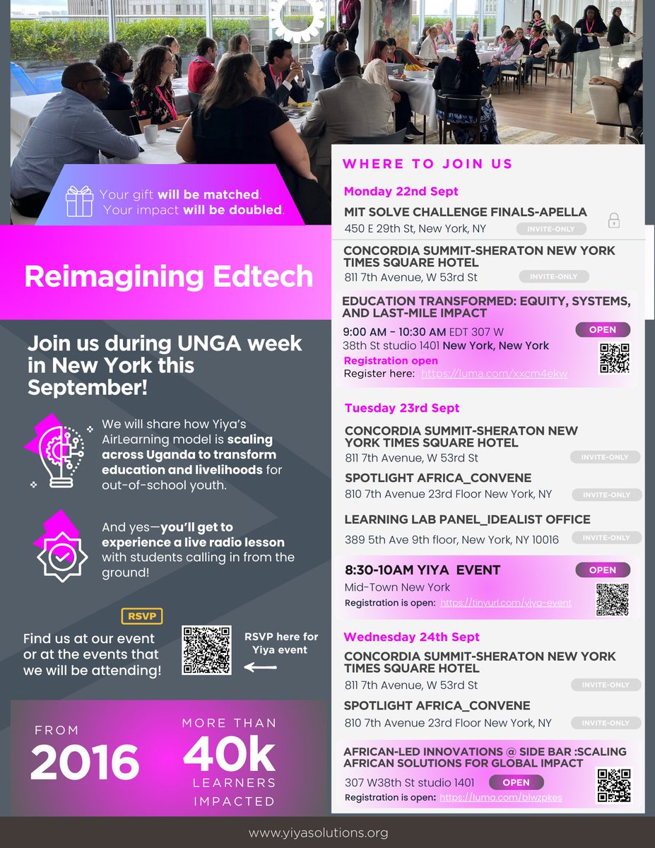 This week, the Yiya team is contributing to global conversations around UNGA at the 𝐌𝐈𝐓 𝐒𝐨𝐥𝐯𝐞 𝐂𝐡𝐚𝐥𝐥𝐞𝐧𝐠𝐞 𝐅𝐢𝐧𝐚𝐥𝐬, the 𝐂𝐨𝐧𝐜𝐨𝐫𝐝𝐢𝐚 𝐒𝐮𝐦𝐦𝐢𝐭, 𝐭𝐡𝐞 𝐒𝐞𝐠𝐚𝐥 𝐅𝐚𝐦𝐢𝐥𝐲 𝐅𝐨𝐮𝐧𝐝𝐚𝐭𝐢𝐨𝐧’𝐬 𝐒𝐩𝐨𝐭𝐥𝐢𝐠𝐡𝐭 𝐀𝐟𝐫𝐢𝐜𝐚, and The Sidebar.