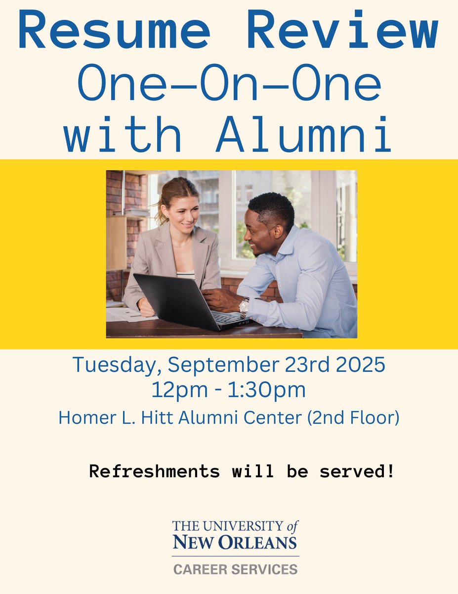 📄✨ Resume Review with Alumni – Happening Tomorrow!!! ✨📄

Looking to polish your resume and make a lasting impression before the career fair? Here’s your chance to get one-on-one feedback directly from alumni working in the field!
