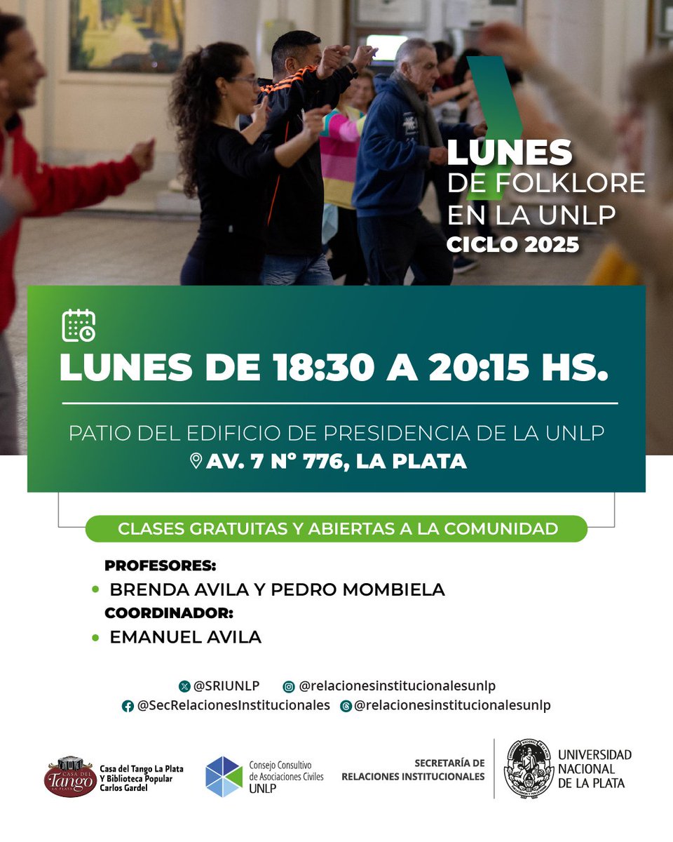 #LunesDeFolklore | Hoy, como todos los lunes a las 18:30 hs., sumate a las clases gratuitas y abiertas de Folklore en la <a href="/unlp/">UNLP</a>. 
🏛 Patio del edificio de Presidencia - Av 7 entre 47 y 48, La Plata.
¡Te esperamos! 💙