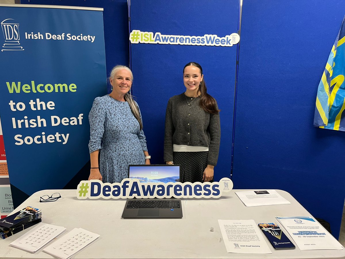 IrishDeafSoc's tweet photo. Part of International Week of Deaf People, our team hosted an info stand at St. Vincent’s University Hospital to raise awareness of Irish Sign Language

Theme: “No Human Rights Without Sign Language Rights”

Thank you @svuh for the warm welcome

#ISLAwarenessWeek #DeafAwareness https://t.co/Lvnq77HOOm