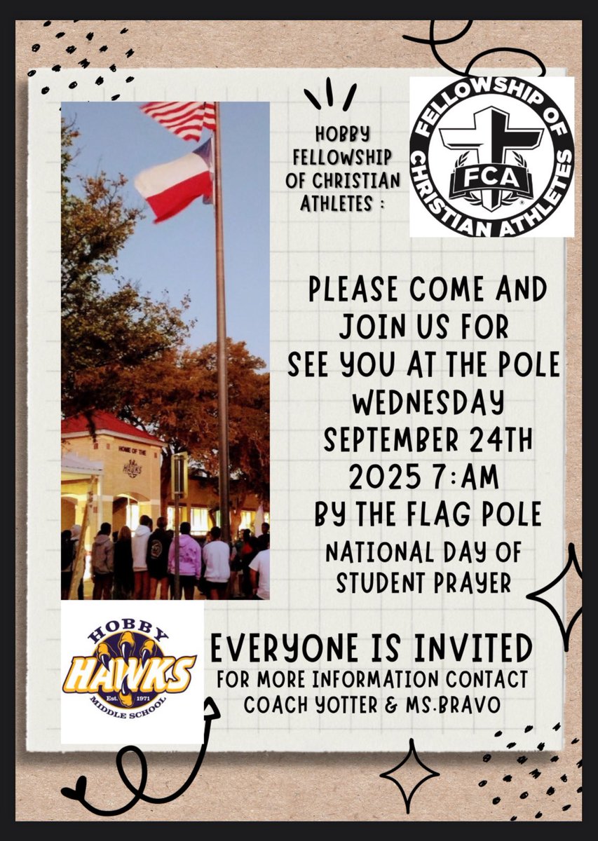 Hobby FCA! 
SYATP/FCA Huddle this Wed, Sept. 24 at 7 AM! 
🙏🏼