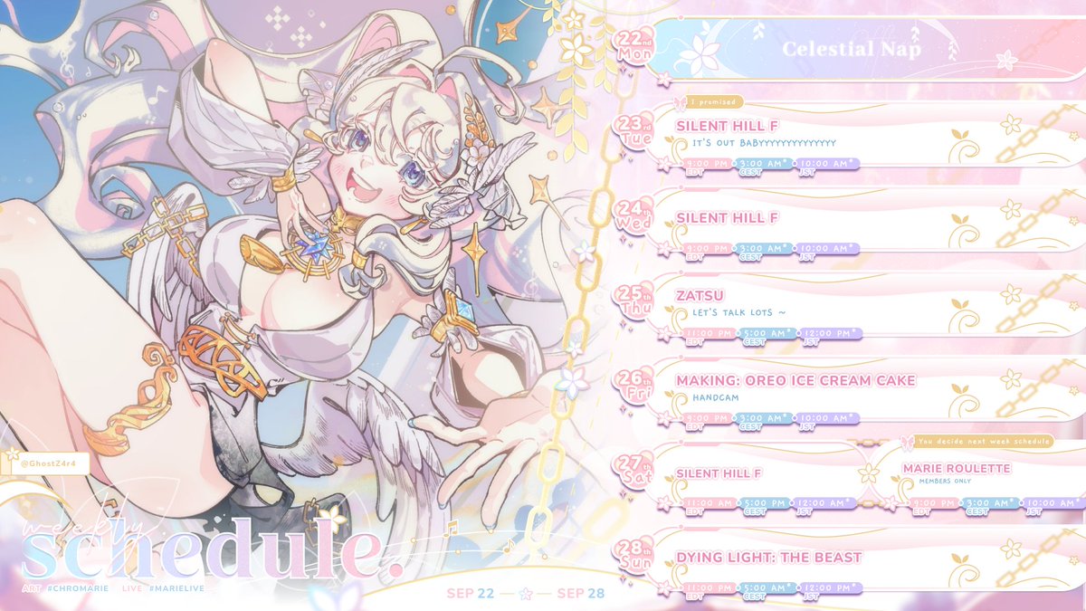 MariieFD's tweet image. WEEK SCHEDULE 🌟🪽 Sep 22 - 28

Let&apos;s have lots of fun together from now on!! 🥹 Always, everyday!!
Also...SILENT HILL F BABYYYYYYY

⊹ General: #MarieFD
⊹ Live: #Marielive
⊹ Art: #Chromarie / Nsfw: #MariEros
⊹ Meme: #Mariewe
⊹ Assets / thumbnails: #Marielangelo
⊹ Fanname:…