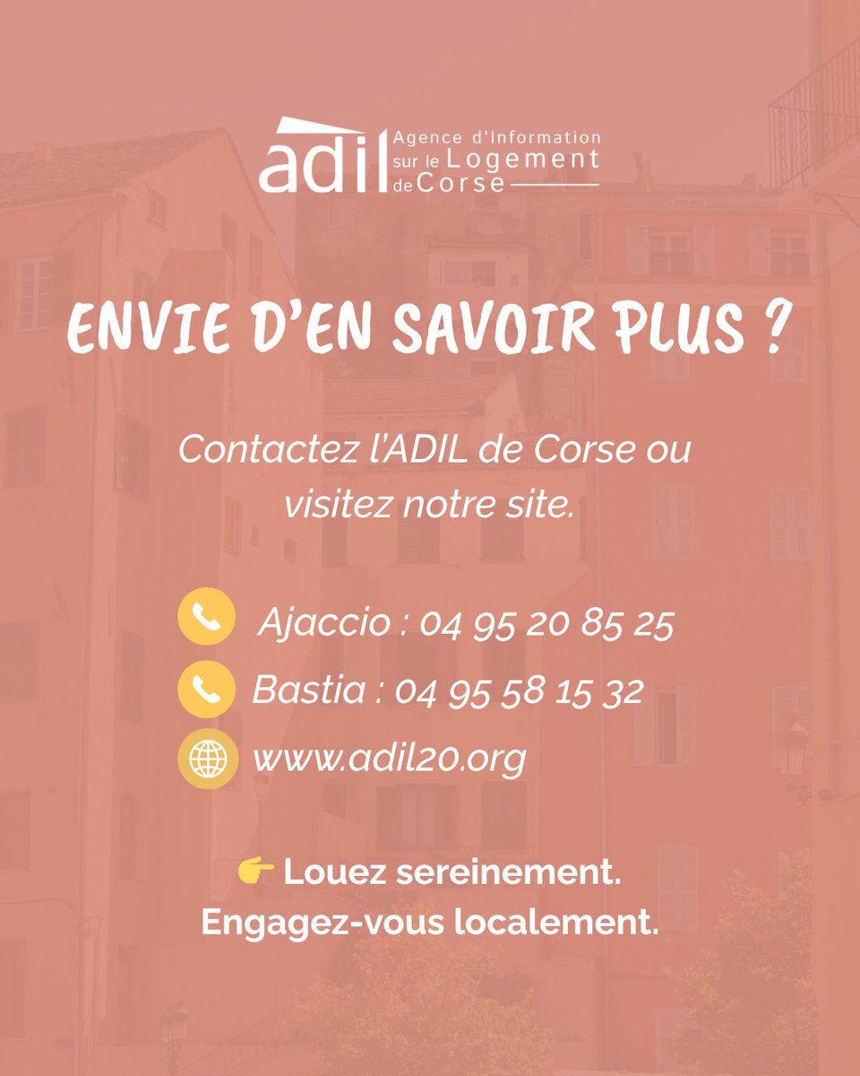 Louer votre bien en Corse n'a jamais été aussi simple
"👋 Louer votre logement sans stress ?
✅ C’est possible, avec l’intermédiation locative !
Que vous soyez en ville ou à la campagne
📞 Contactez l’ADIL de Corse :
Ajaccio : 04 95 20 85 25
Bastia : 04 95 58 15 32"