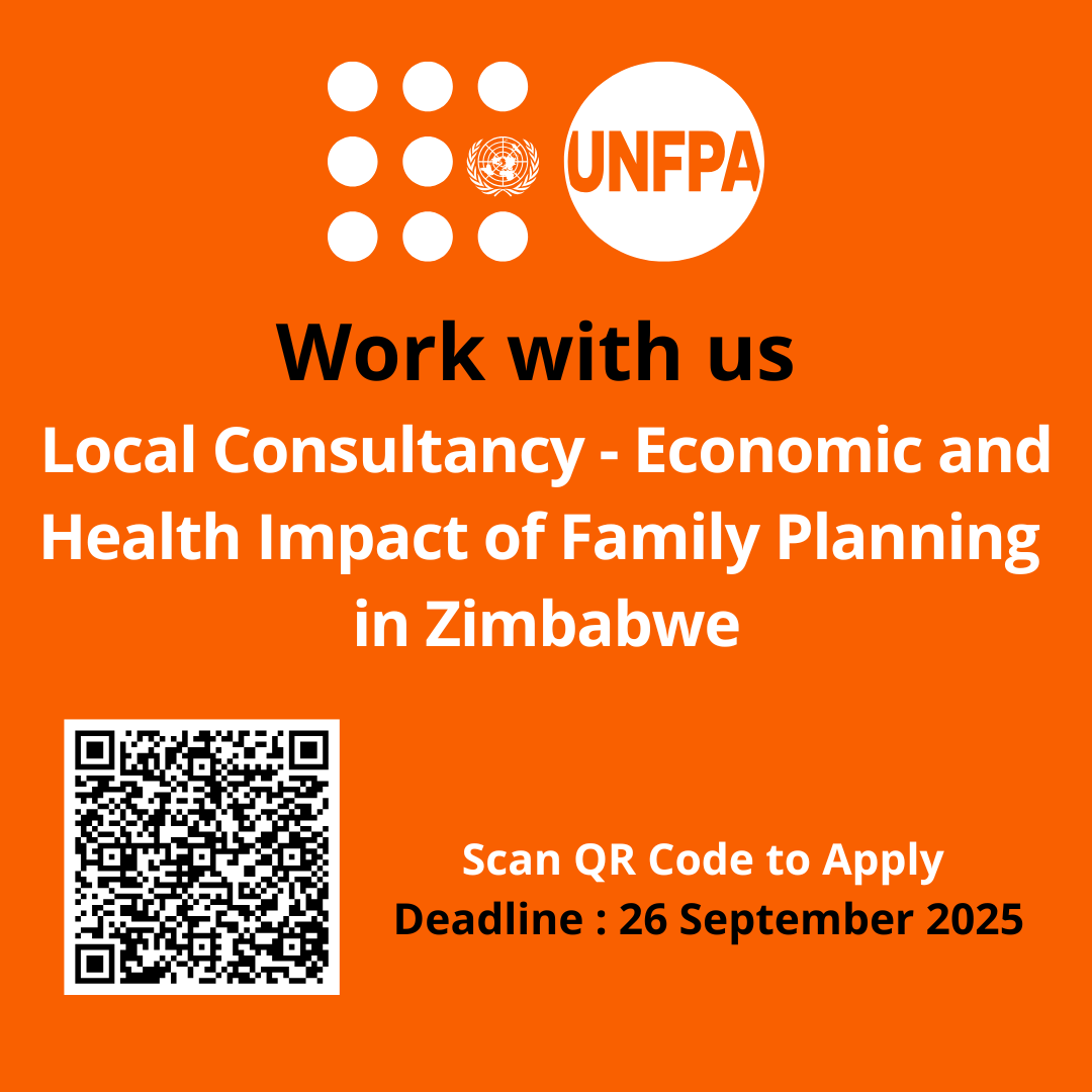 UNFPA_Zimbabwe's tweet photo. We are hiring !
📢 Local Consultant

Help evaluate the health &amp; economic impact of family planning and provide insights to guide policy and advocacy in Zimbabwe.

Apply by: 26 Sept 2025
https://t.co/DcGXu4v1Iz https://t.co/lCvxgRh1cf