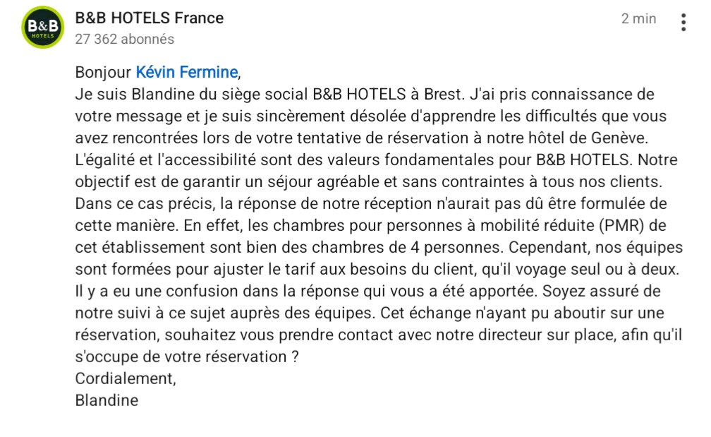 Une chambre accessible ne doit pas être un produit de luxe. Elle doit être facturée exactement comme une chambre classique. Trop souvent, les personnes handicapées se retrouvent face à des pratiques discriminatoires. Ici, B&amp;B HOTELS reconnaît son erreur : preuve qu’en dénonçant,