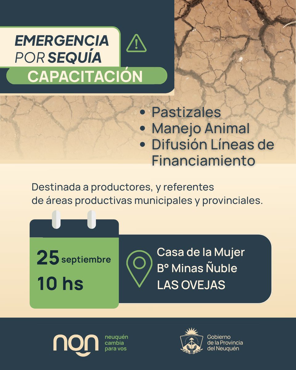 #EmergenciaPorSequía

Capacitación en Las Ovejas.

•Pastizales
•Manejo Animal
•Difusión Líneas de Financiamiento

Destinada a productores y referentes de áreas de producción.

#LaProducciónCambiaParaVos