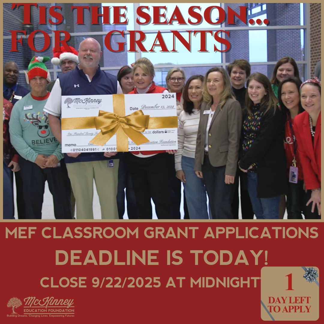 Deadline is Today
MISD Teachers! 🫶 McKinney Education Foundation grants close TODAY, Monday, Sept 22, AT MIDNIGHT! 
Get those applications in now. Don’t miss out!
APPLY NOW: mckinneyefgrants.awardspring.com

#McKinneyEducationFoundation