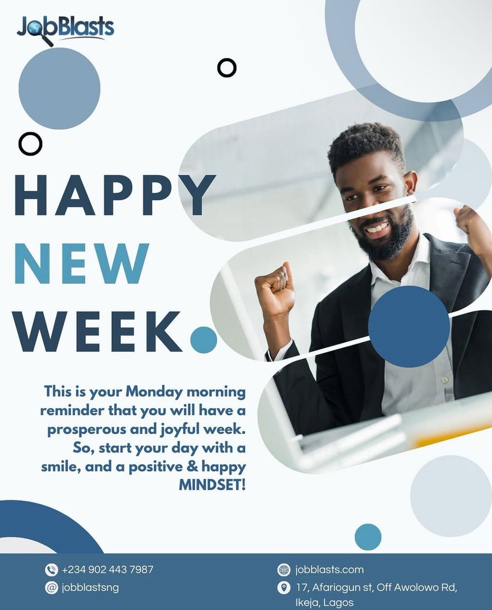 jobblasts_ng's tweet photo. 💼✨ Happy New Week! ✨💼
Mondays are fresh opportunities to set the tone for success. Step into this week with a positive mindset, focused goals, and the drive to achieve more. Your growth, promotion, and leadership journey start with the choices you make today. https://t.co/G2lClVLO6j