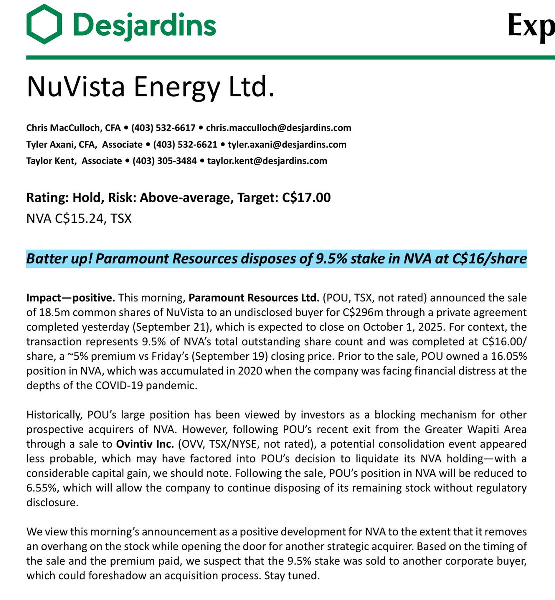 emmpeethree's tweet image. Nuvista Energy
DJ: &quot;Batter up! Paramount Resources disposes of 9.5% stake in NVA at C$16/share&quot;
$NVA.TO $NVA #COM #OOTT
