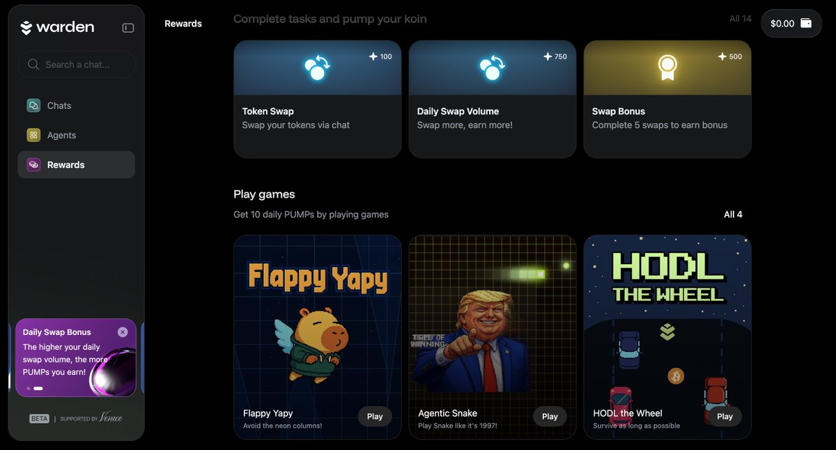 New UI and UX from <a href="/wardenprotocol/">Warden</a> 
how to participate for join in warden?
1. Daily Login in app.wardenprotocol.org/earn.
2. create some transaction swap use warden.
3. create daily chat use AI in warden

I hope this information can help
gWarden!