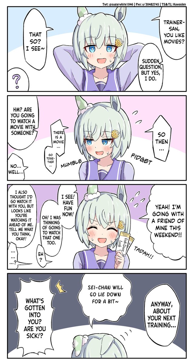 Kuwaiden's tweet image. Sei-chan Invites Trainer to a Movie (Or at least that was her plan) by @sugarwhite1046

Sei-chan was rushed and failed to activate her frontrunner skills!

#ウマ娘 #Umamusume 
#ウマ娘英訳 #UmaTranslations