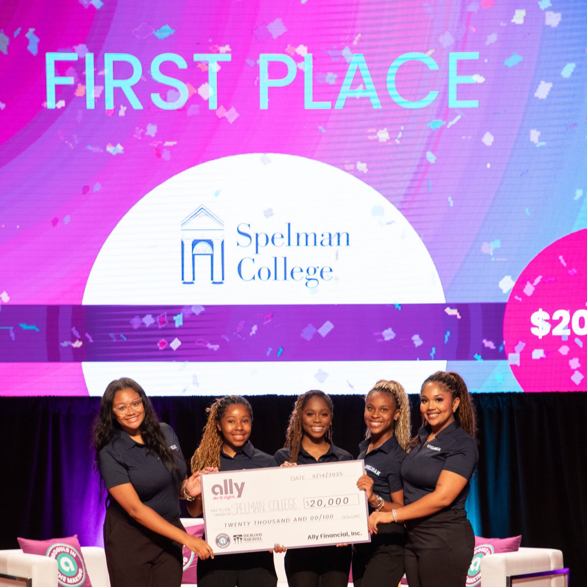 SpelmanCollege's tweet photo. Congratulations to Kennedy Blue Washington C’2027, Ca’Miyah King C’2027, Aubria King C’2027, Sydney Vera Johnson C’2028, and Madison Harris C’2028 for winning first place in the 7th annual Moguls in the Making pitch competition! Their innovative idea, Prospera, builds an ecosystem to support women-owned small businesses—boosting economic mobility in Detroit and beyond. Each student earned a $20,000 scholarship for their achievement. 
 
Hosted in partnership with Thurgood Marshall College Fund, the competition brought together 50 students from 10 HBCUs for mentorship, workshops, and an unforgettable entrepreneurial experience. Read more: https://t.co/OVauy8jVDP #SpelmanExcellence #MogulsInTheMaking