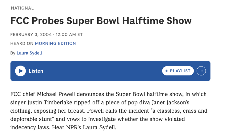For liberals crying about Kimmelgate, where was your outrage in 2004 when the FCC Chairman denounced Janet Jackson stripping on broadcast TV?

Were these comments not jawboning by your new definition???? 

Thats's right, the FCC has a duty to uphold the public interest. Publicly