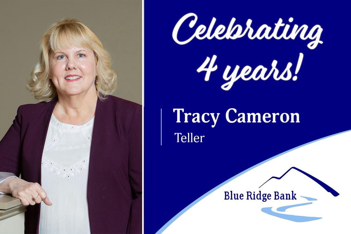 Congratulations to Tracy Cameron on celebrating 4 years with Blue Ridge Bank! 🎉 Tracy serves as Teller at our North John Street office. She greets customers with a smile and provides excellent service every day. We’re so thankful for her commitment to our team and community!