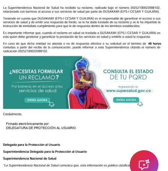 mifonga's tweet image. PQR 20252100022098102 @Supersalud @MinSaludCol @petrogustavo Informo que venció el término de 48 horas sin que @DusakawiEpsi_ diera respuesta efectiva a orden de remisión médica a 4o nivel de complejidad. La salud del paciente se deteriora a cada instante en riesgo de su vida.