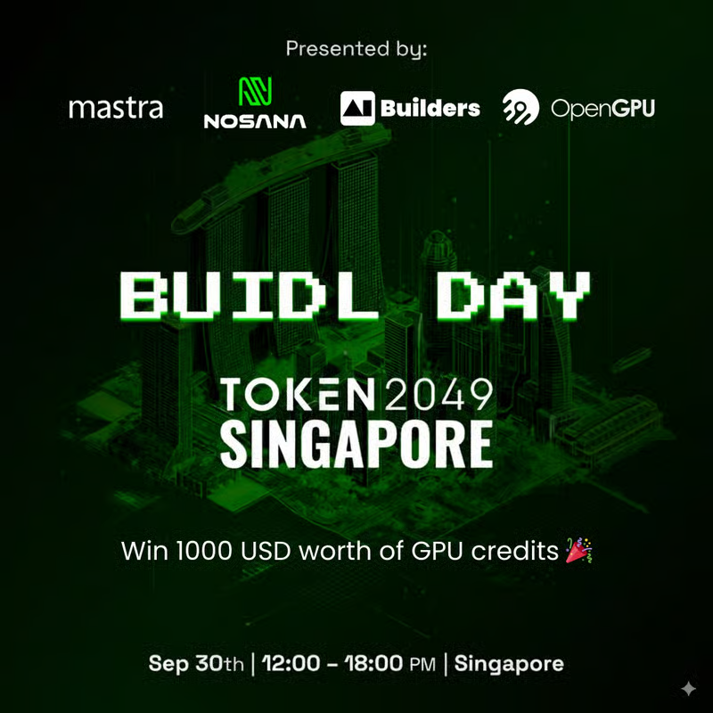 BUIDL Day in Singapore is around the corner! 🌏

🤝 Join us for a day of connection, learning, and building — with keynotes, panels, and a mini hackathon featuring GPU credits &amp; prizes.

Brought to you by Nosana and <a href="/theaibuilders/">AI Builders</a>, with special participation from <a href="/Sogni_Protocol/">Sogni.ai</a>,