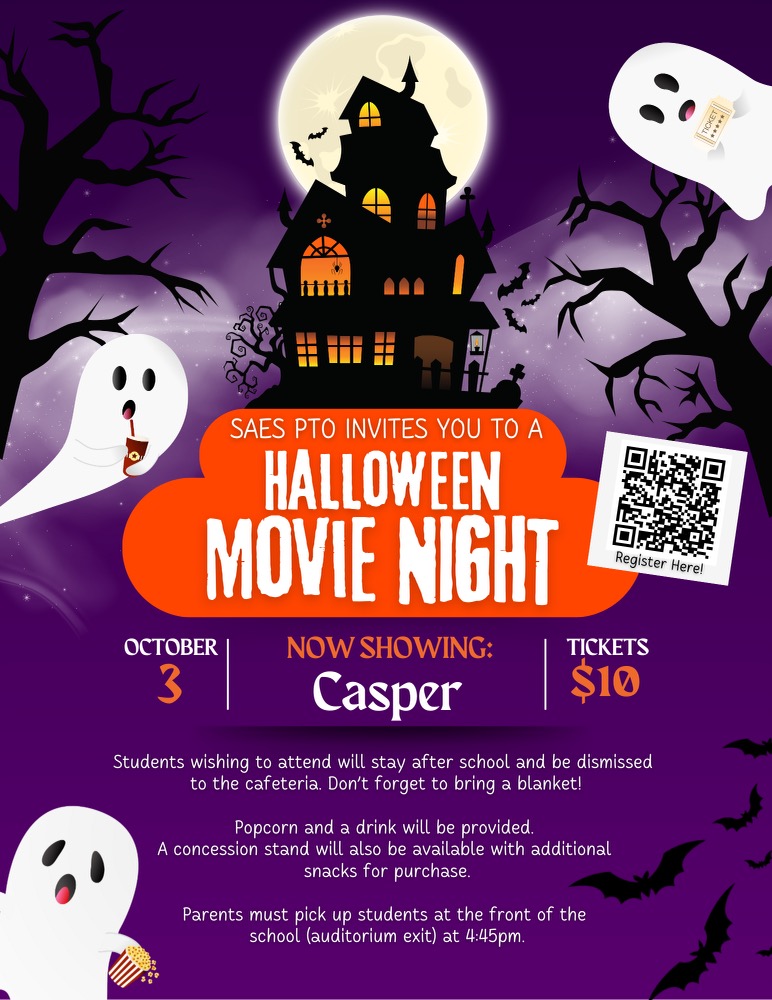 SAESTitans's tweet image. 👻🎥 Our first PTO movie night of the year is coming! Open to all SAES Students. Tickets are $10 and include popcorn &amp;amp; a drink. Register online today: zeffy.com/en-US/ticketin…

Registration closes 10/1 -- no late registrations will be accepted!