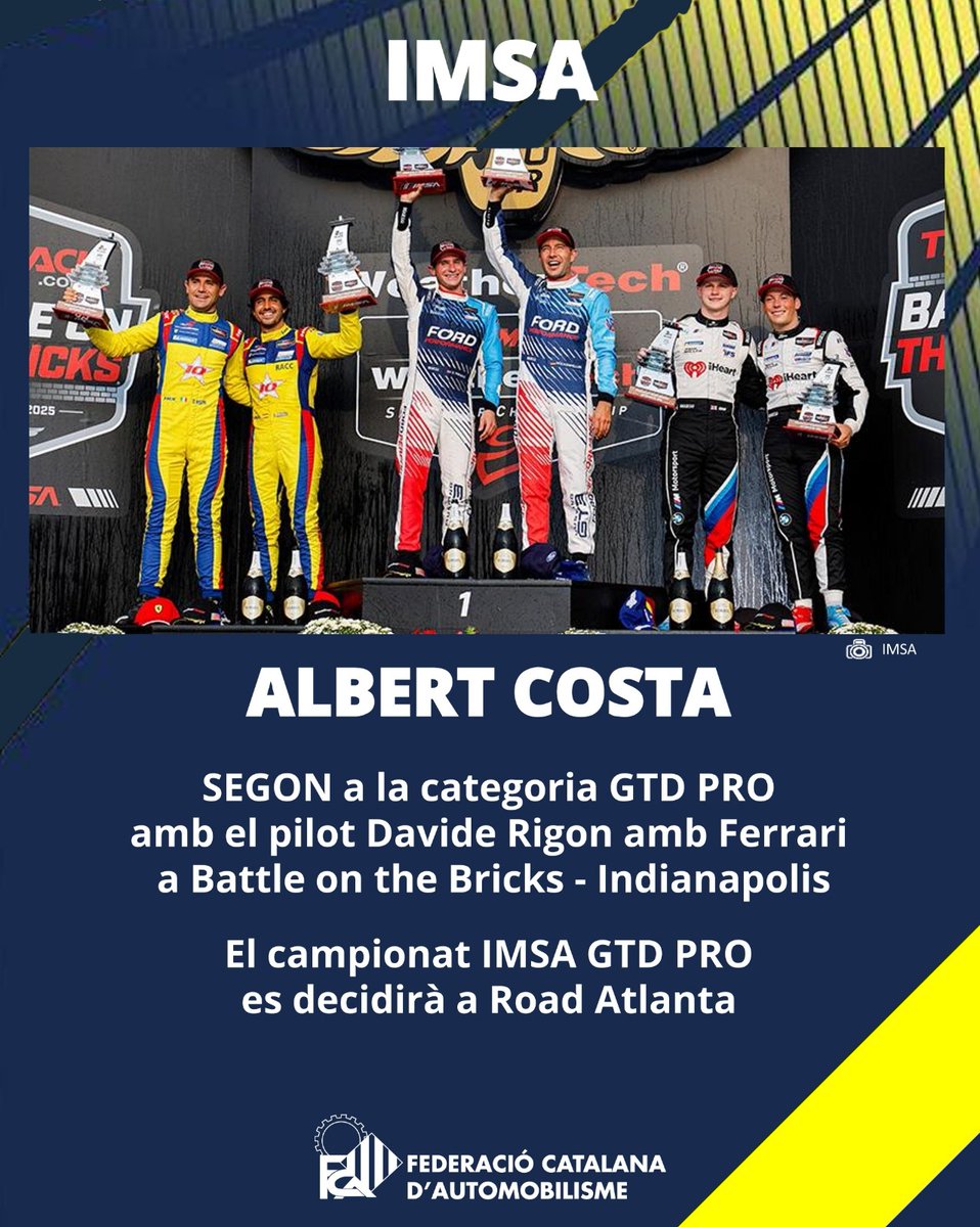 FCAutomobilisme's tweet image. 📢 IMSA
🔝 ALBERT COSTA
🏁 SEGON a la categoria GTD PRO amb el pilot Davide Rigon amb Ferari a TireRack.com Battle on the Bricks - Indianapolis 
🔝 ENHORABONA
📸 @imsa

#FCAutomobilisme #motorsport  #podi #indinapolis #tirerack #brics #imsa #dragonspeed #ferrari