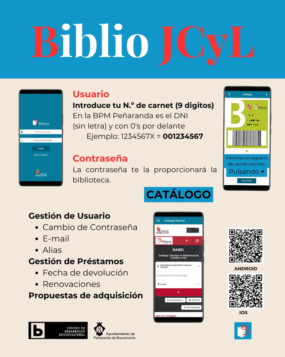 📱✨ Lleva tu biblioteca en el bolsillo con Biblio JCYL. Disponible en Android e iOS.

📚📲 Con Biblio JCYL puedes llevar tu carné, consultar préstamos y mucho más. ¡Descárgala ya!

🔔📖 Agenda, notificaciones, catálogo y eBiblio… todo en Biblio JCYL. ¡Descárgala!