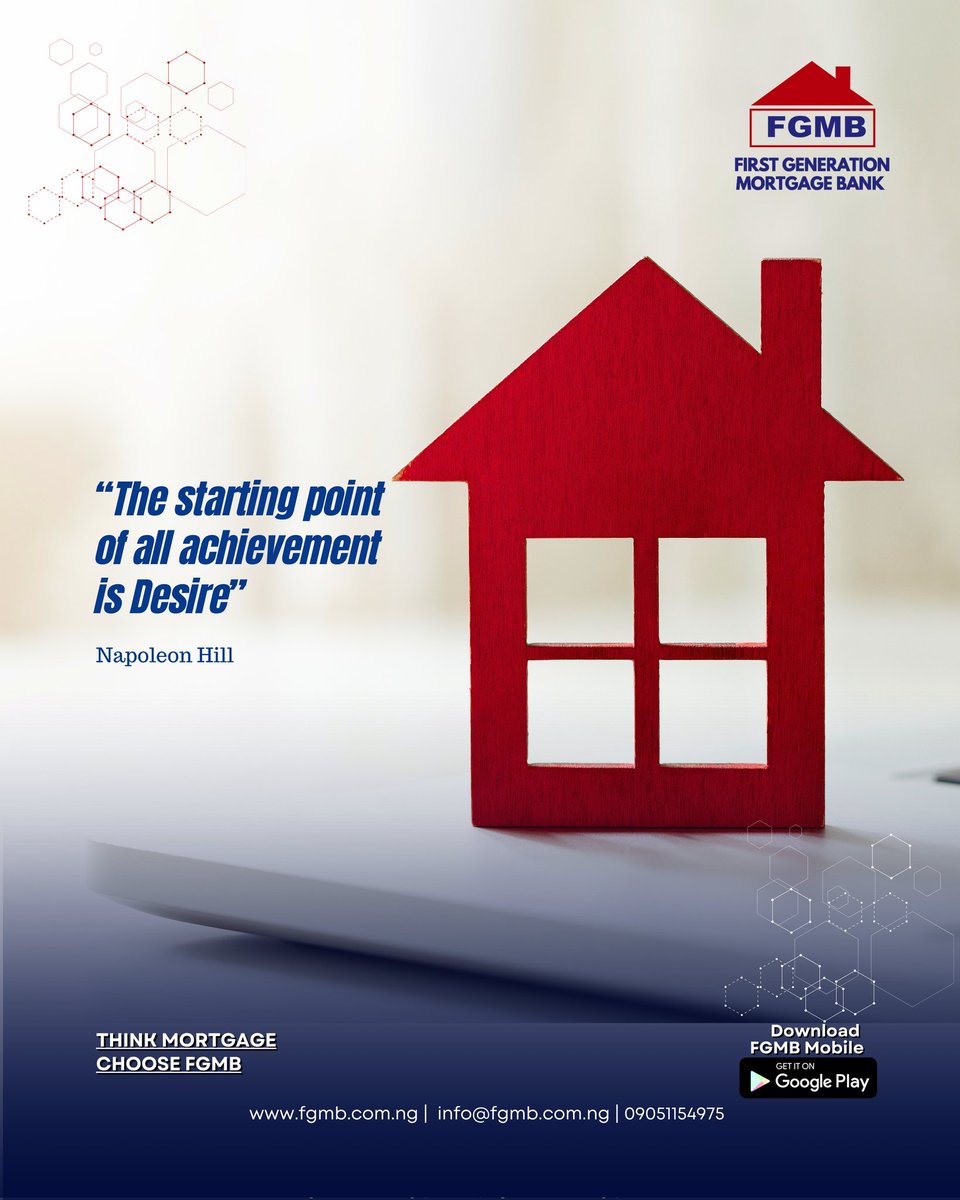 The starting point of all achievement is desire👍🏽. Let's begin this week by bringing you closer to your homeownership dreams. 
Think Mortgage 
Choose FGMB 
Call/WhatsApp 09051154975
Your homeownership journey awaits. 
#fgmb #monday #mondaymotivation #homeownershipgoals #mortgage