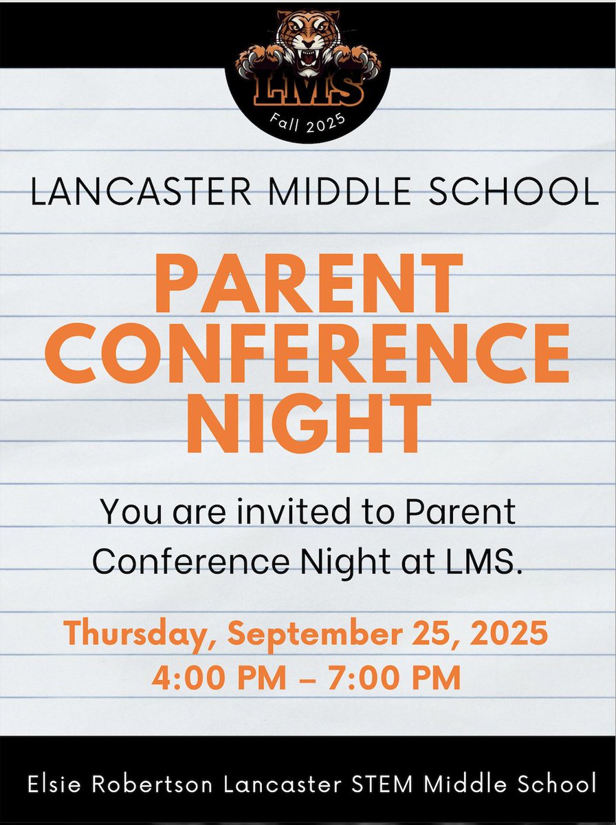 🐯Parent Conference Night is this Thursday, 9/25/25! 
Come connect with us at LMS. #ParentPartnership #LMSPride #LMSFamily