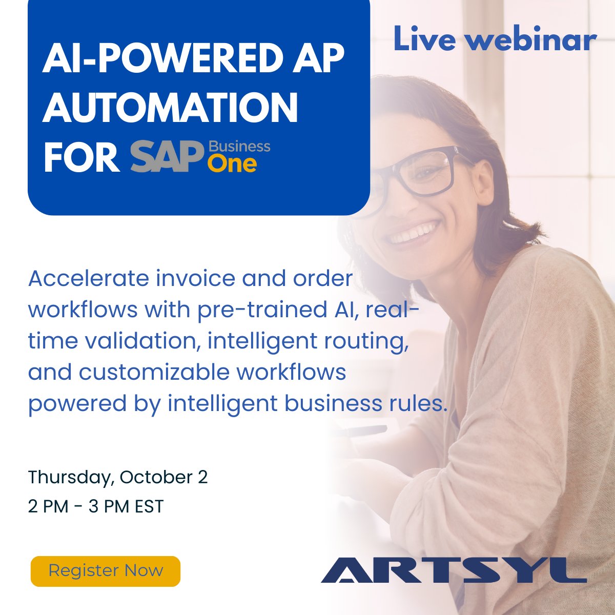 ArtsylTech's tweet image. Stop wasting time on manual invoice & sales order entry in SAP B1! Join our live webinar to see how Artsyl’s AI InvoiceAction & OrderAction speed up workflows, reduce errors & boost cash flow. Register register.gotowebinar.com/register/46973…
#InvoiceAutomation #OrderAutomation #SAPBusinessOne