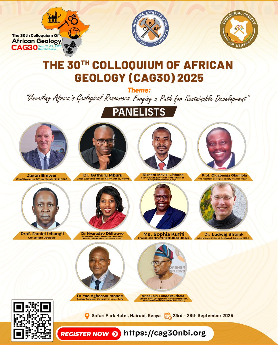 The 30th Colloquium of African Geology is Africa’s meeting point for science, innovation and collaboration. Join us in Nairobi from 23–27th September, 2025 and connect with thought leaders shaping the future of earth sciences.
<a href="/cag10985/">Cag 30</a> <a href="/geosockenya/">Geological Society of Kenya</a> <a href="/AlexChamwada/">AlexChamwada OGW, MBS</a>