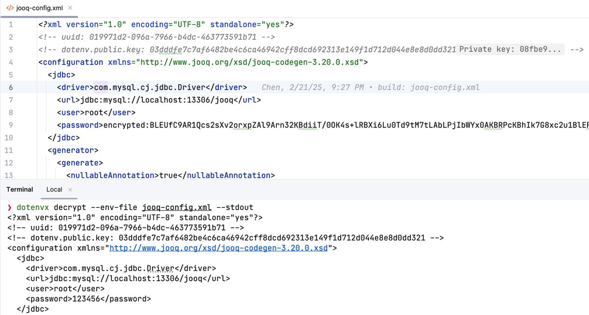 linux_china's tweet image. Dotenvx CLI and JetBrains plugin add encryption support for xml, toml and other text file. If you use consul-template to render config file, and dotenvx is more convenient: add dotenv.public.key in comment and encrypt sensitive data. github.com/linux-china/do…
