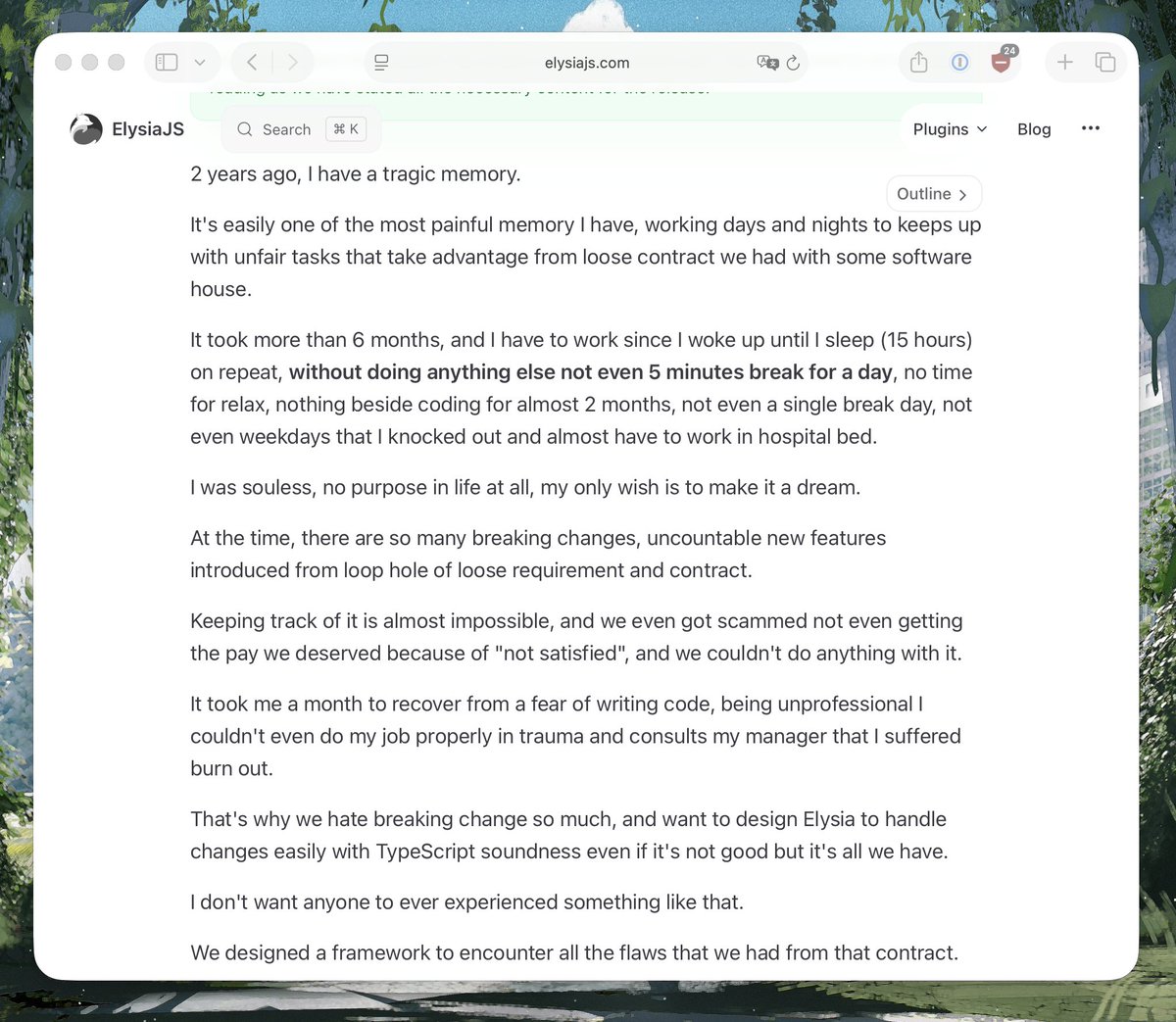 saltyAom's tweet image. The reason why I make a great deal out of this
Elysia is a byproduct of the worst contract I had with a software house, as I mentioned in the 1.0 release note
Imagine working 15 hours a day for 6 months
Having to rewrite your backend every 3 days with an ever-growing…