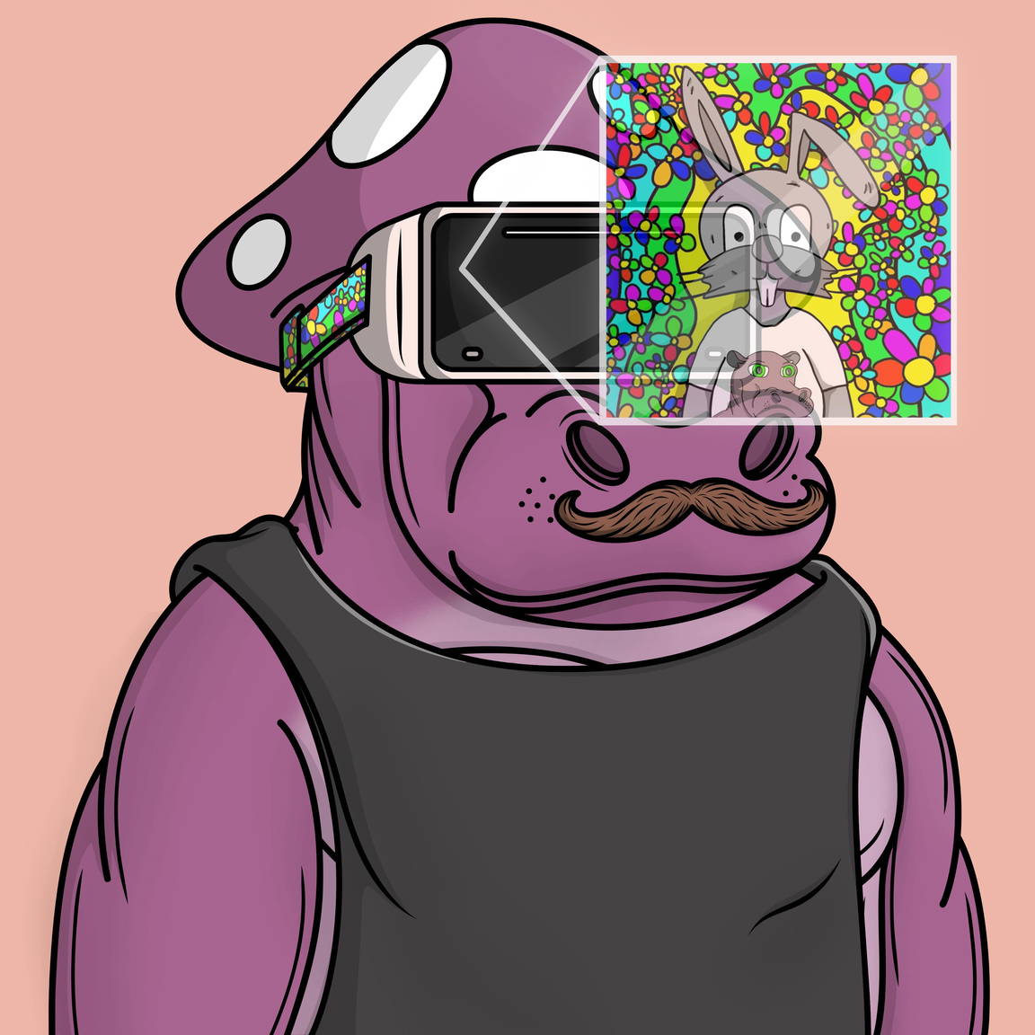 I don't always participate in the #HeepowBonanza with <a href="/MHeepow/">Heepow.algo</a> but when I do, it's to show off my new Mushroom Deviant with NFT Viewer Goggles checking out a TRIPPY <a href="/JoeJoBabbitNFT/">JoeJoBabbit NFTs</a> wearing a Deviant shirt....
No big deal tho....
🦛🐰