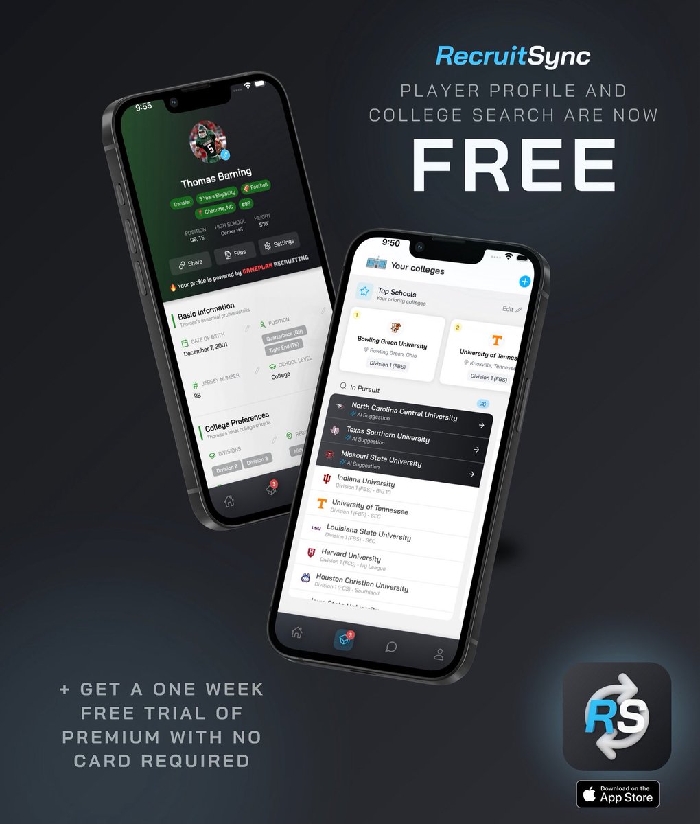 RecruitSync's tweet image. It’s time to get an edge in your recruiting process, without breaking the bank. 

We’ve made our player profiles and college search tool completely free! Trial our AI premium features for a week with no commitment required 🔥

#RecruitingDoneRight #RecruitSync