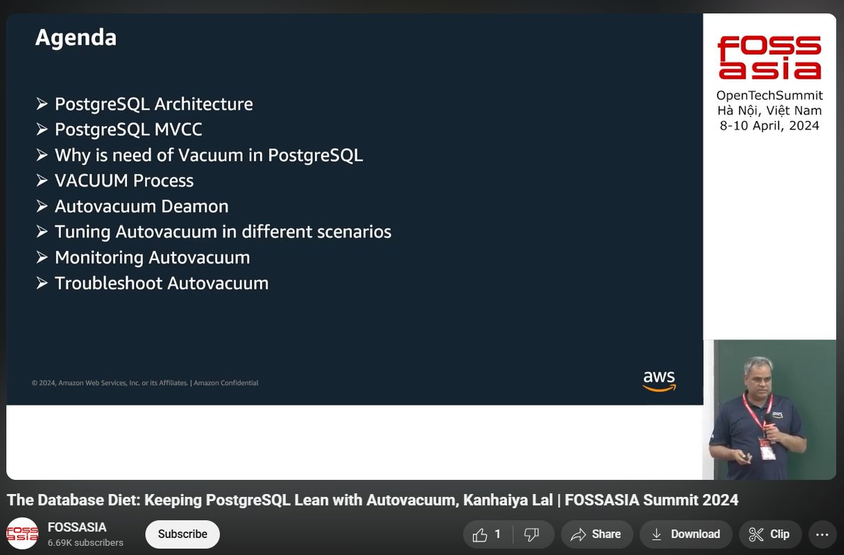 fossasia's tweet image. The Database Diet: Keeping #PostgreSQL Lean with Autovacuum!
Uncover how to turn Autovacuum from mystery to ally reclaiming space & boosting performance. Watch Kanhaiya Lal share proven strategies.
Click here: youtu.be/CdmEZwiqDwU