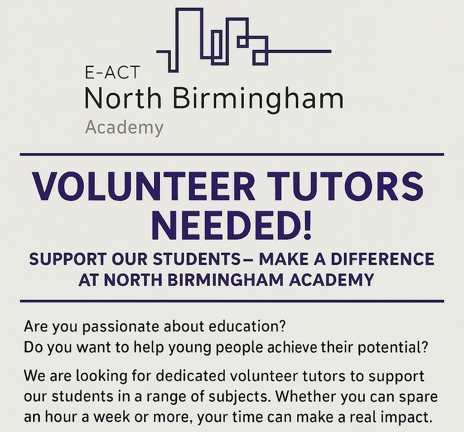 NBAcademy (@nbacademy) on Twitter photo NBA needs you! We have emailed out to parents/carers and the whole NBA community asking for volunteer tutors to support our student's study. If you are interested, please contact nba.enquiries@e-act.org.uk and we will send relevant information! #AimHigh NBA needs you! We have emailed out to parents/carers and the whole NBA community asking for volunteer tutors to support our student's study. If you are interested, please contact nba.enquiries@e-act.org.uk and we will send relevant information! #AimHigh