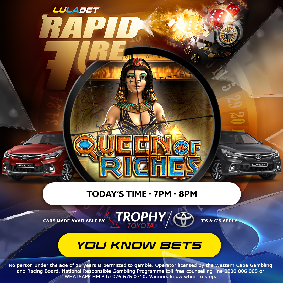 🔥 GAME OF THE DAY 🔥

👸 Queen Of Riches
⏱ 7pm - 8pm

Bet on Queen Of Riches during Rapid Fire tonight and watch your points double. Stand to WIN 1 of 2 Toyota Starlets and a share of R2 million in prizes! 🎰

Bet now 👉 bit.ly/LulaBetRapidFi…

📅 22/09
🔞 18+ Only

#LulaBet
