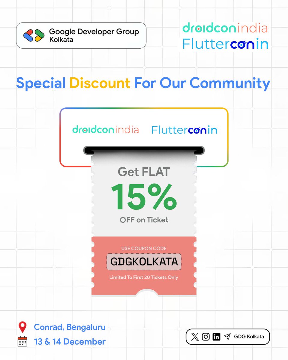 gdgkolkata's tweet image. 🎟️ A step forward to one of the biggest Android & Flutter dev events in India!
Get 15% OFF on tickets to #droidconIndia + #Fluttercon 🎉
📍 Bengaluru | 🗓️ Dec 13–14
🔖 Code: GDGKOLKATA (First 20 only!)
#GDGKolkata #DevCommunity