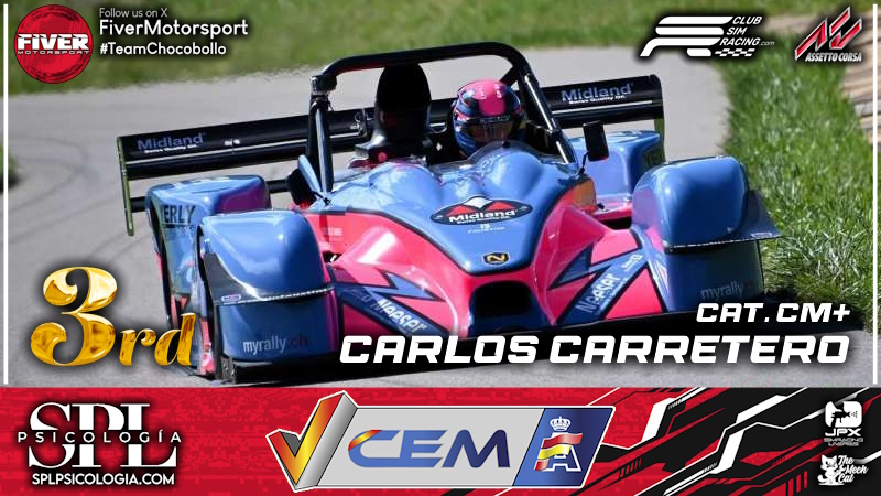 · RESULTADOS

· CEM Virtual by <a href="/club_simracing/">Club Simracing</a> 

Nuestro piloto Carlos Carretero acaba el campeonato en una fantástica 3º posición en categoría CM+

Enhorabuena Carlos!

#GoFiver #TeamChocobollo
<a href="/TheMechCat/">The Mech Cat</a> <a href="/SalVATOre_PL/">Vatore 🍍</a>