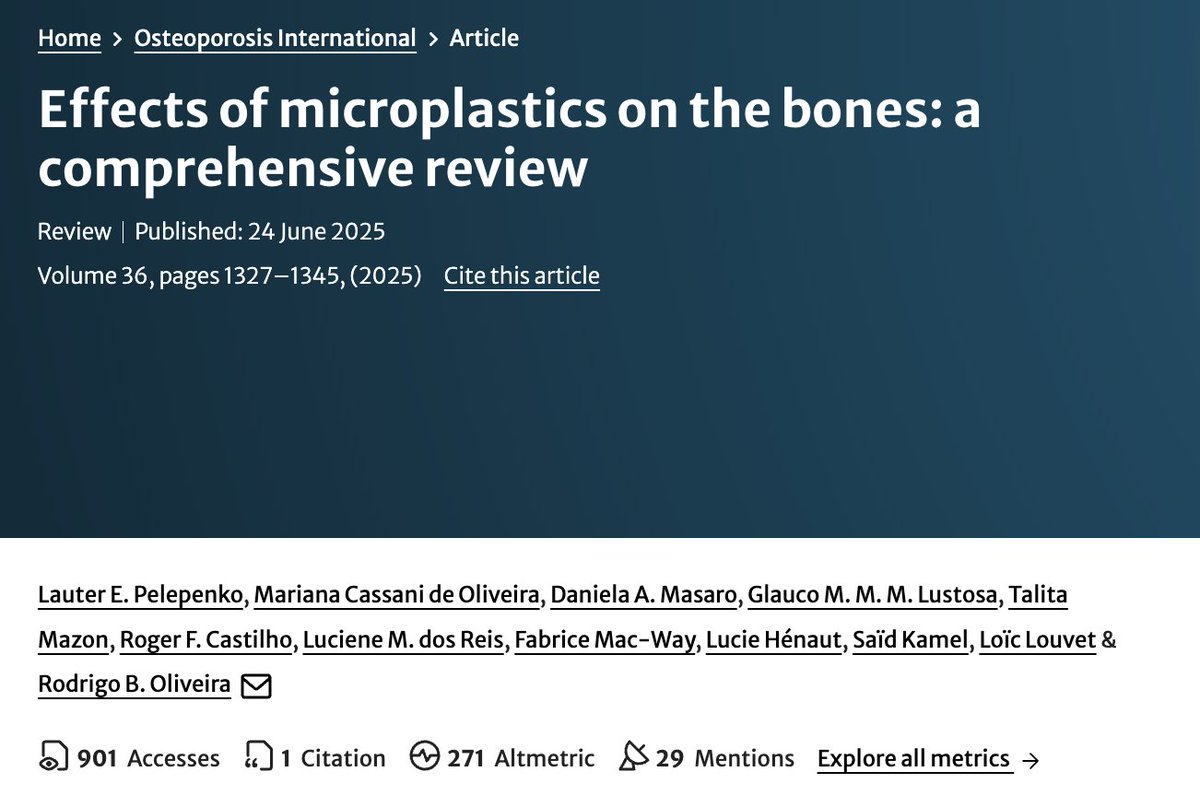 foundmyfitness's tweet photo. Micro- and nanoplastics are invading human bones and may be linked to diseases like osteoporosis.

A new review summarizes studies showing that (in vitro) microplastics cause cell senescence, modify gene expression, boost oxidative stress & inflammation, promote bone breakdown, and impair stem cell differentiation. In animals, microplastics accumulate in bones, stunt growth, and hinder bone-building.  

The human impacts are unclear, but we should start considering how plastic exposure may be impacting bone health - a key component of longevity.